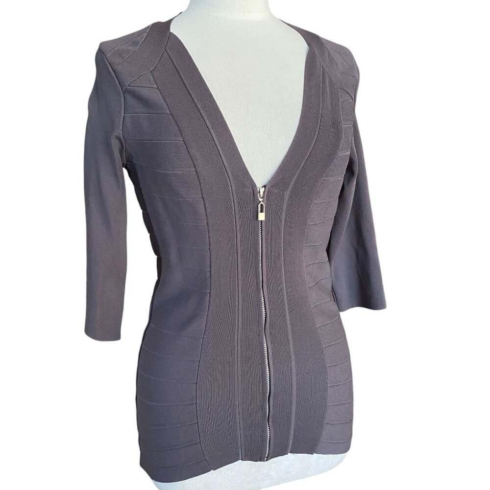 Boston Proper Stretch Rib Knit Zip Cardigan Sweater Mocha Brown Quiet Luxury-M